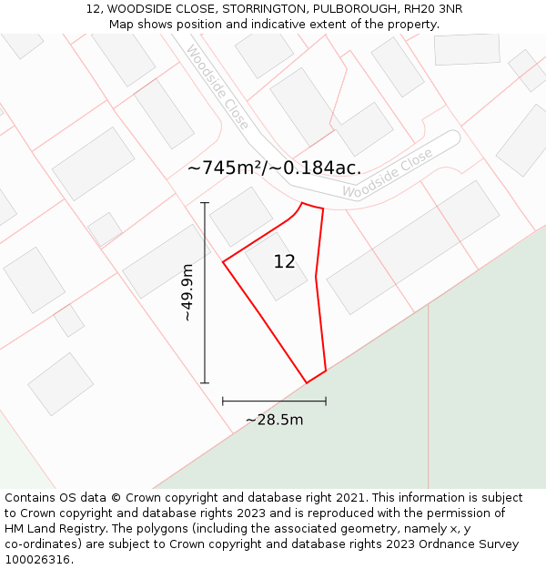 12, WOODSIDE CLOSE, STORRINGTON, PULBOROUGH, RH20 3NR: Plot and title map