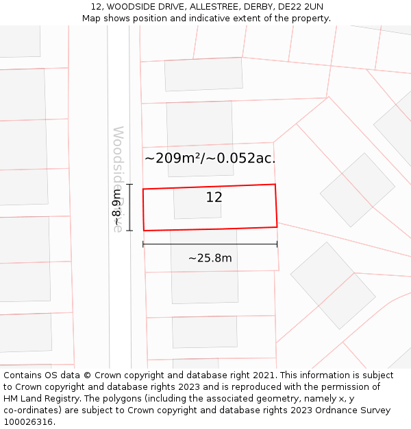 12, WOODSIDE DRIVE, ALLESTREE, DERBY, DE22 2UN: Plot and title map