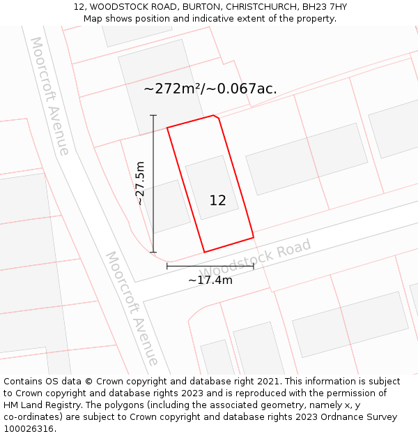 12, WOODSTOCK ROAD, BURTON, CHRISTCHURCH, BH23 7HY: Plot and title map