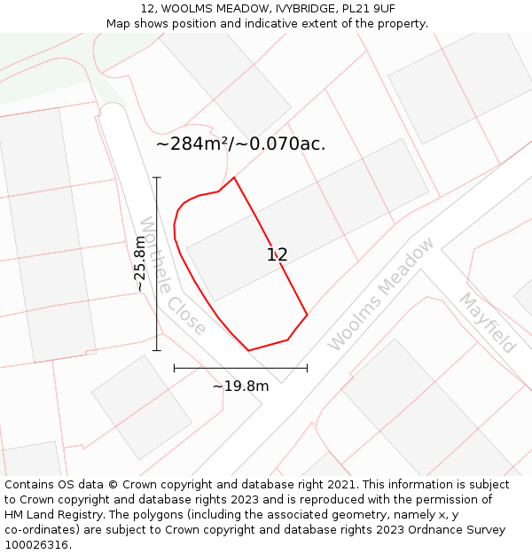 12, WOOLMS MEADOW, IVYBRIDGE, PL21 9UF: Plot and title map