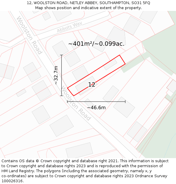 12, WOOLSTON ROAD, NETLEY ABBEY, SOUTHAMPTON, SO31 5FQ: Plot and title map