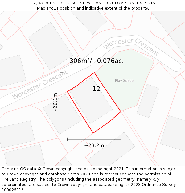 12, WORCESTER CRESCENT, WILLAND, CULLOMPTON, EX15 2TA: Plot and title map