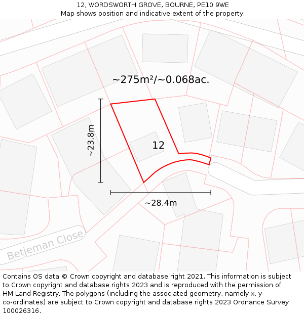 12, WORDSWORTH GROVE, BOURNE, PE10 9WE: Plot and title map