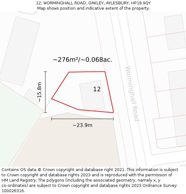12, WORMINGHALL ROAD, OAKLEY, AYLESBURY, HP18 9QY: Plot and title map