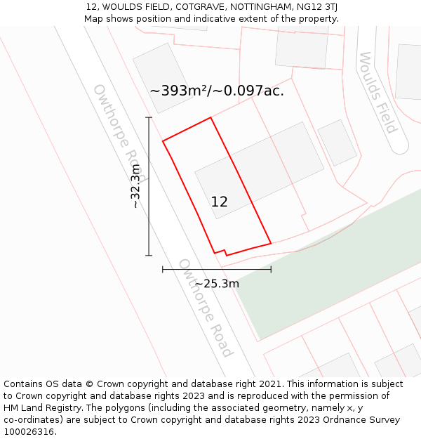 12, WOULDS FIELD, COTGRAVE, NOTTINGHAM, NG12 3TJ: Plot and title map