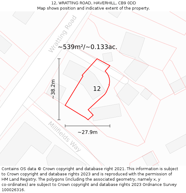 12, WRATTING ROAD, HAVERHILL, CB9 0DD: Plot and title map