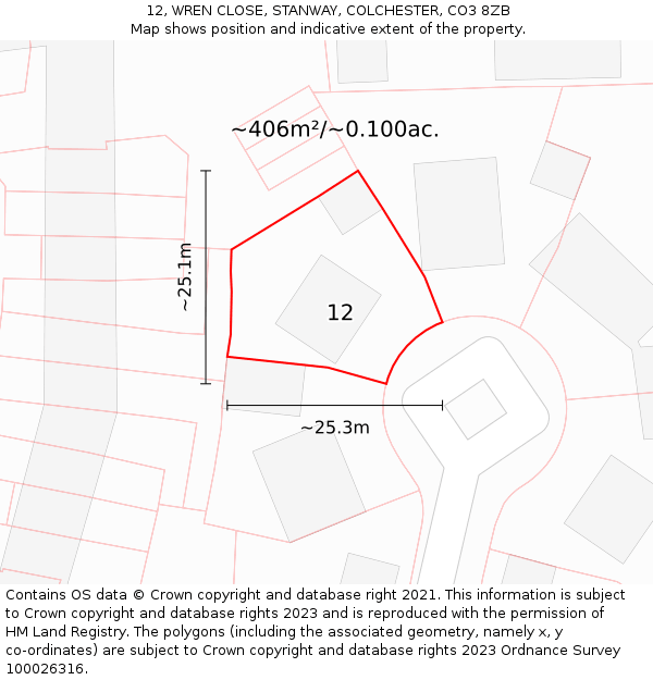 12, WREN CLOSE, STANWAY, COLCHESTER, CO3 8ZB: Plot and title map