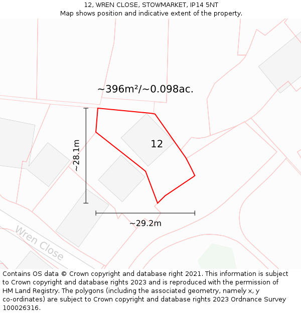 12, WREN CLOSE, STOWMARKET, IP14 5NT: Plot and title map