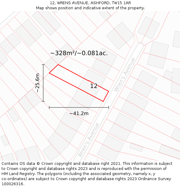 12, WRENS AVENUE, ASHFORD, TW15 1AR: Plot and title map