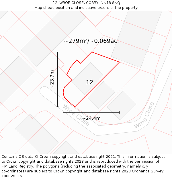 12, WROE CLOSE, CORBY, NN18 8NQ: Plot and title map