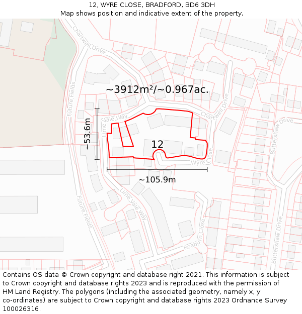 12, WYRE CLOSE, BRADFORD, BD6 3DH: Plot and title map