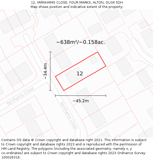 12, YARNHAMS CLOSE, FOUR MARKS, ALTON, GU34 5DH: Plot and title map