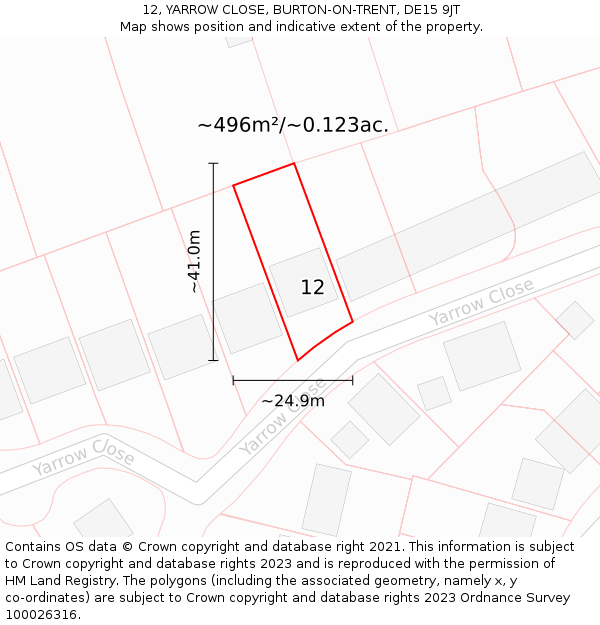 12, YARROW CLOSE, BURTON-ON-TRENT, DE15 9JT: Plot and title map