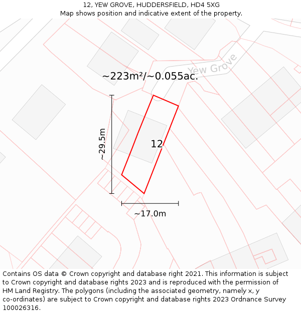 12, YEW GROVE, HUDDERSFIELD, HD4 5XG: Plot and title map