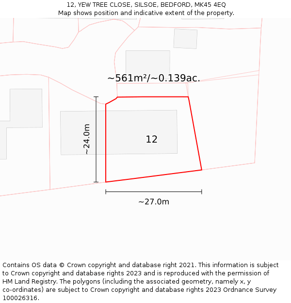 12, YEW TREE CLOSE, SILSOE, BEDFORD, MK45 4EQ: Plot and title map