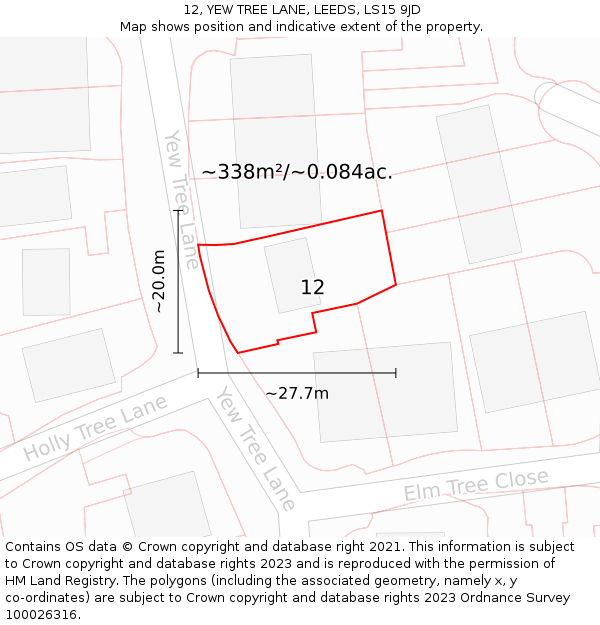 12, YEW TREE LANE, LEEDS, LS15 9JD: Plot and title map