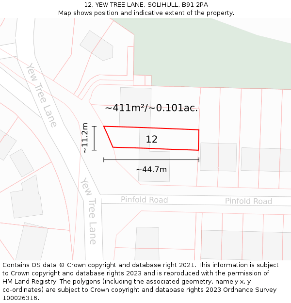 12, YEW TREE LANE, SOLIHULL, B91 2PA: Plot and title map