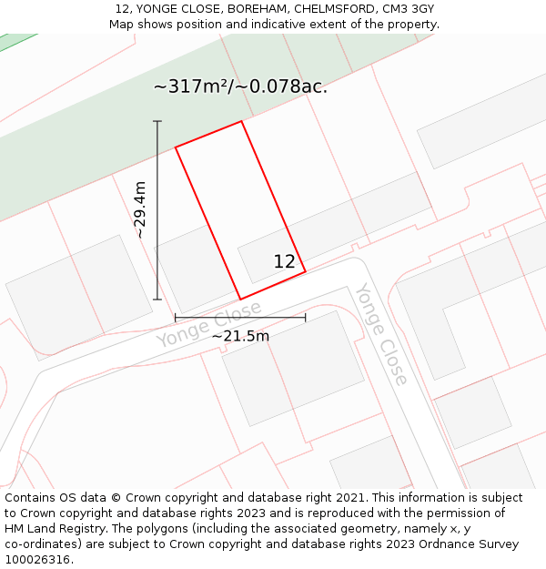 12, YONGE CLOSE, BOREHAM, CHELMSFORD, CM3 3GY: Plot and title map