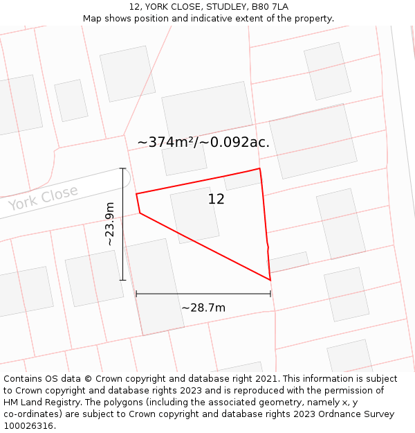 12, YORK CLOSE, STUDLEY, B80 7LA: Plot and title map