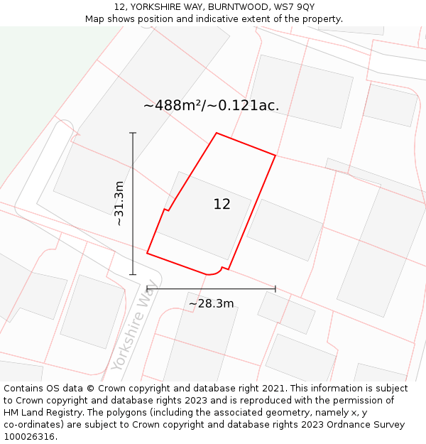 12, YORKSHIRE WAY, BURNTWOOD, WS7 9QY: Plot and title map