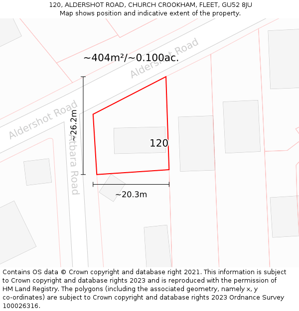 120, ALDERSHOT ROAD, CHURCH CROOKHAM, FLEET, GU52 8JU: Plot and title map