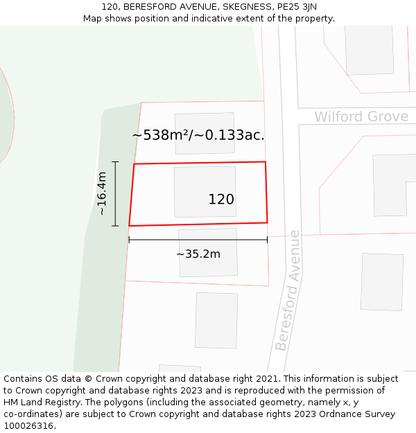 120, BERESFORD AVENUE, SKEGNESS, PE25 3JN: Plot and title map