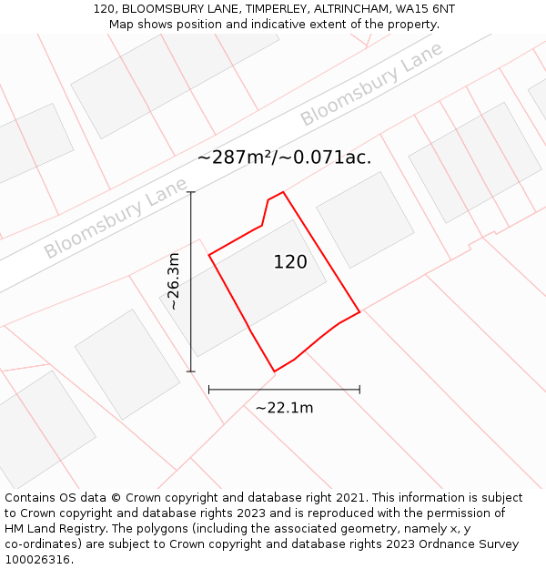 120, BLOOMSBURY LANE, TIMPERLEY, ALTRINCHAM, WA15 6NT: Plot and title map