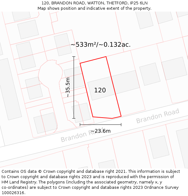 120, BRANDON ROAD, WATTON, THETFORD, IP25 6LN: Plot and title map