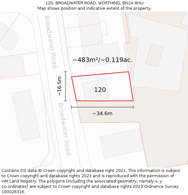 120, BROADWATER ROAD, WORTHING, BN14 8HU: Plot and title map