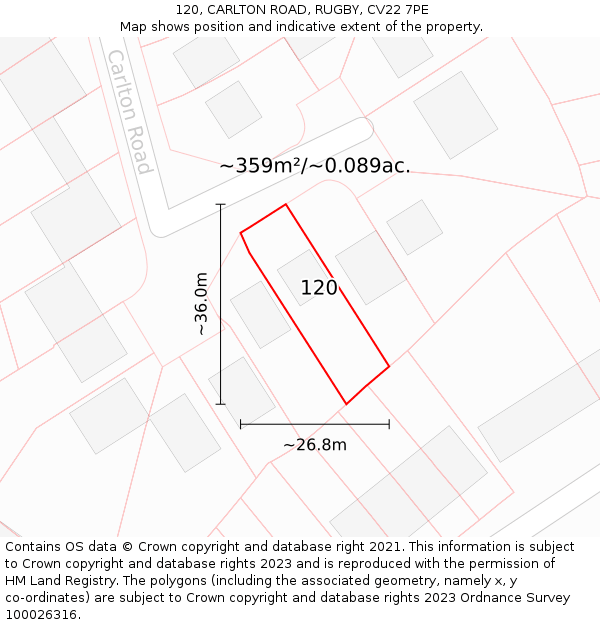 120, CARLTON ROAD, RUGBY, CV22 7PE: Plot and title map