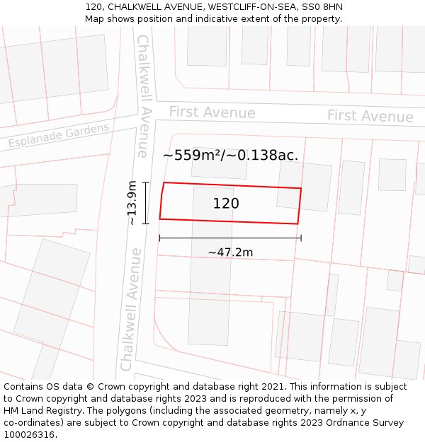 120, CHALKWELL AVENUE, WESTCLIFF-ON-SEA, SS0 8HN: Plot and title map