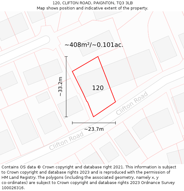 120, CLIFTON ROAD, PAIGNTON, TQ3 3LB: Plot and title map