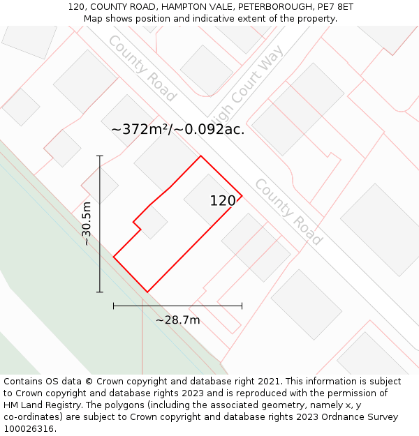 120, COUNTY ROAD, HAMPTON VALE, PETERBOROUGH, PE7 8ET: Plot and title map