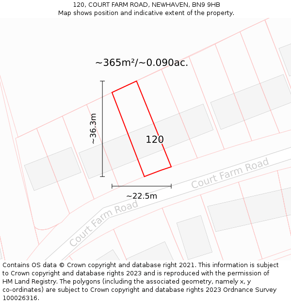 120, COURT FARM ROAD, NEWHAVEN, BN9 9HB: Plot and title map