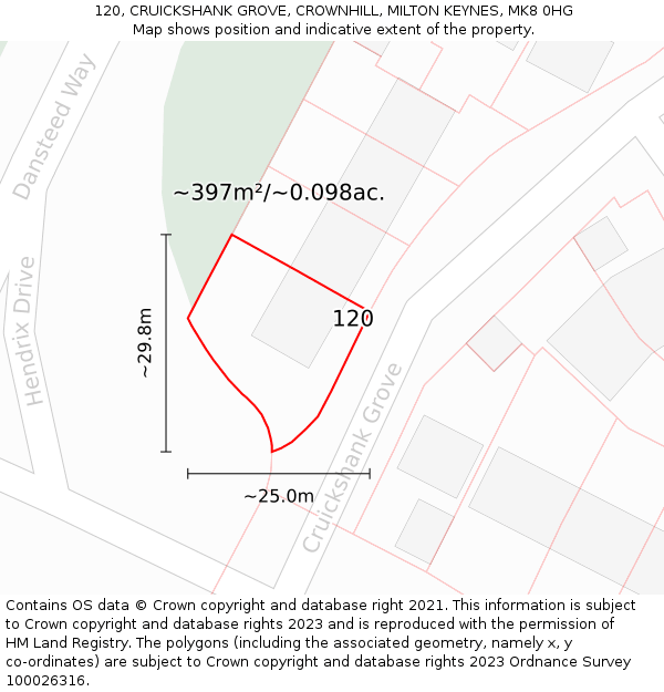 120, CRUICKSHANK GROVE, CROWNHILL, MILTON KEYNES, MK8 0HG: Plot and title map