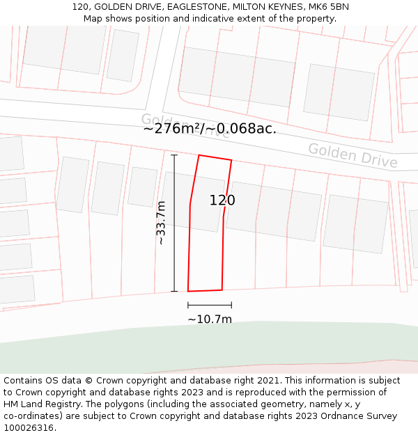 120, GOLDEN DRIVE, EAGLESTONE, MILTON KEYNES, MK6 5BN: Plot and title map
