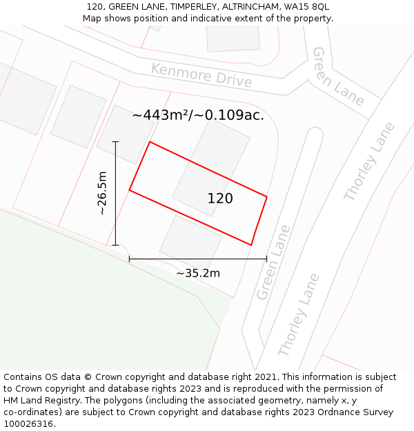 120, GREEN LANE, TIMPERLEY, ALTRINCHAM, WA15 8QL: Plot and title map