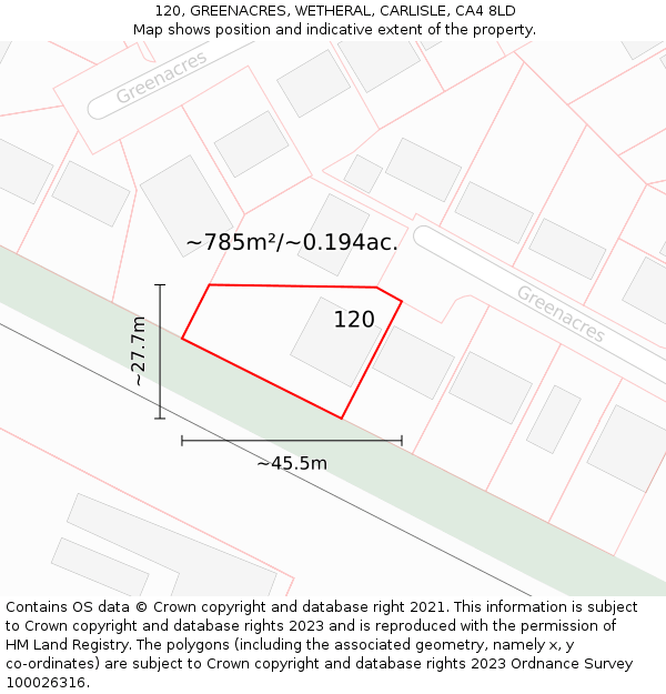 120, GREENACRES, WETHERAL, CARLISLE, CA4 8LD: Plot and title map
