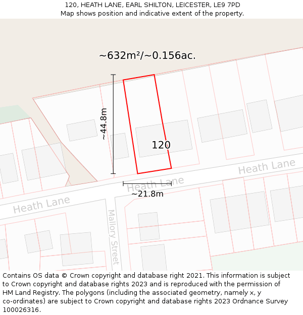 120, HEATH LANE, EARL SHILTON, LEICESTER, LE9 7PD: Plot and title map