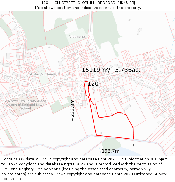 120, HIGH STREET, CLOPHILL, BEDFORD, MK45 4BJ: Plot and title map