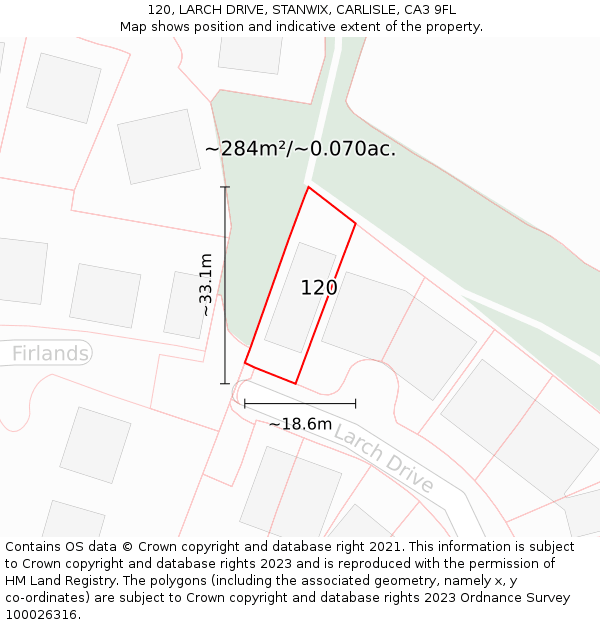 120, LARCH DRIVE, STANWIX, CARLISLE, CA3 9FL: Plot and title map