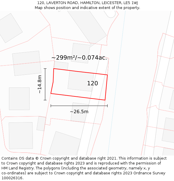 120, LAVERTON ROAD, HAMILTON, LEICESTER, LE5 1WJ: Plot and title map