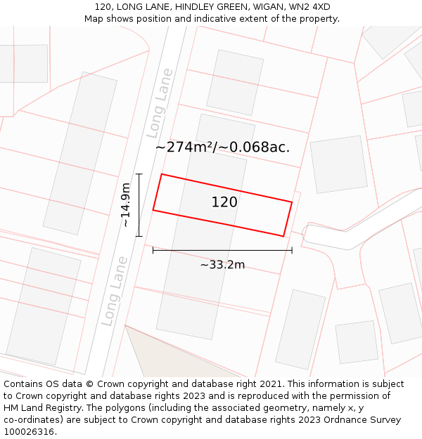 120, LONG LANE, HINDLEY GREEN, WIGAN, WN2 4XD: Plot and title map
