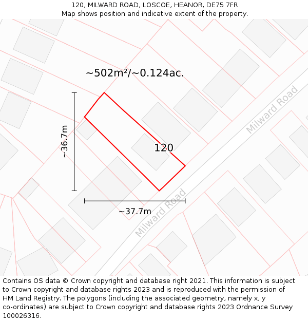 120, MILWARD ROAD, LOSCOE, HEANOR, DE75 7FR: Plot and title map