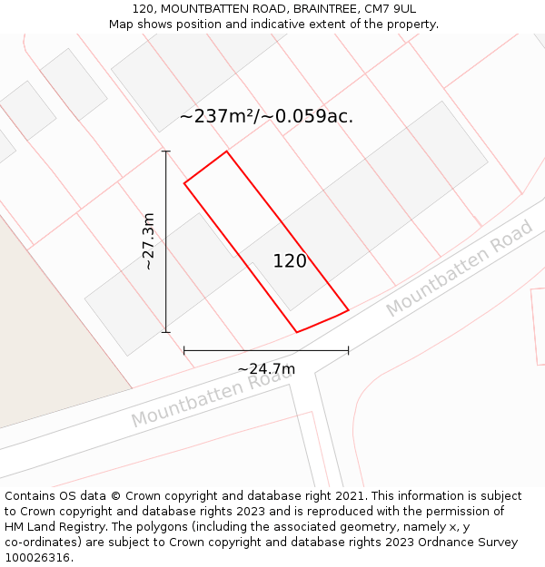 120, MOUNTBATTEN ROAD, BRAINTREE, CM7 9UL: Plot and title map