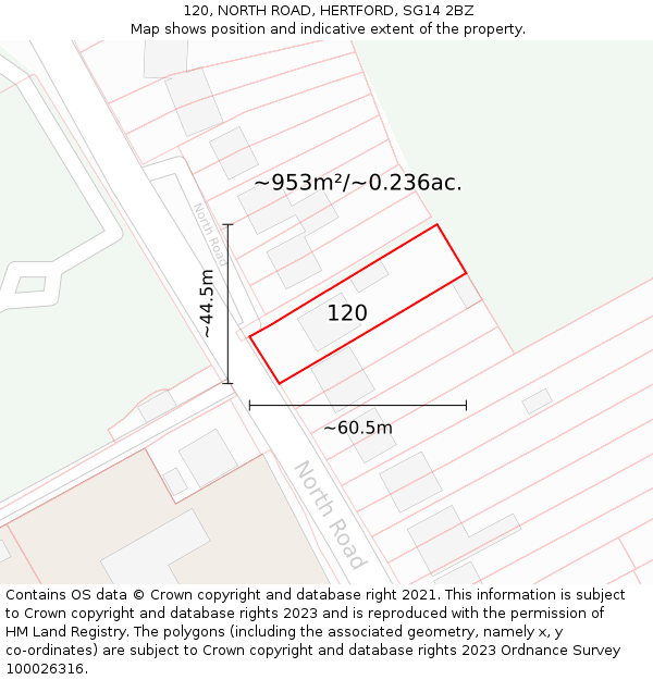 120, NORTH ROAD, HERTFORD, SG14 2BZ: Plot and title map