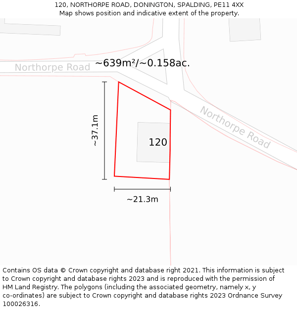120, NORTHORPE ROAD, DONINGTON, SPALDING, PE11 4XX: Plot and title map