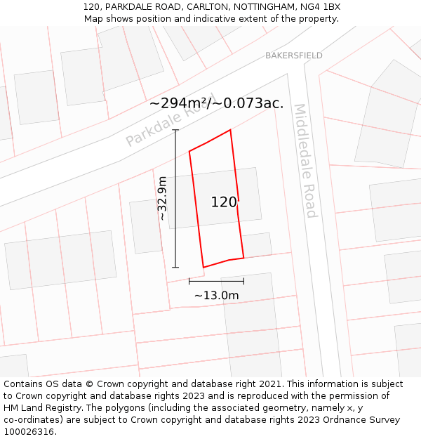120, PARKDALE ROAD, CARLTON, NOTTINGHAM, NG4 1BX: Plot and title map
