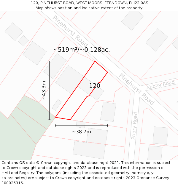 120, PINEHURST ROAD, WEST MOORS, FERNDOWN, BH22 0AS: Plot and title map