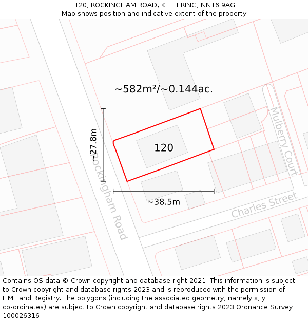 120, ROCKINGHAM ROAD, KETTERING, NN16 9AG: Plot and title map
